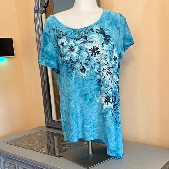 Db Large Blue Floral Women's Top Asymmetrical Hem - Picture 1 of 9